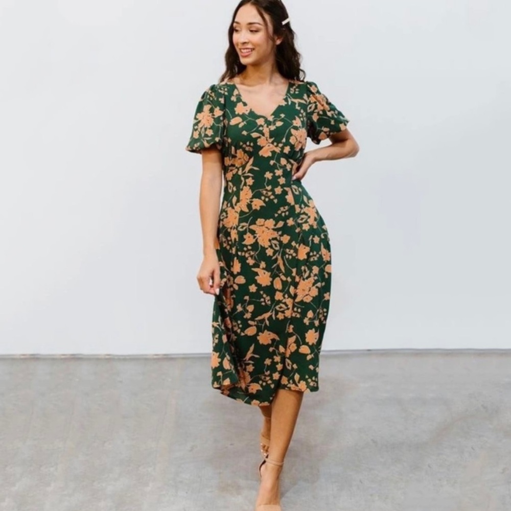 Baltic Born Orange and Green Flutter Sleeve Midi Dress Puff Sleeve